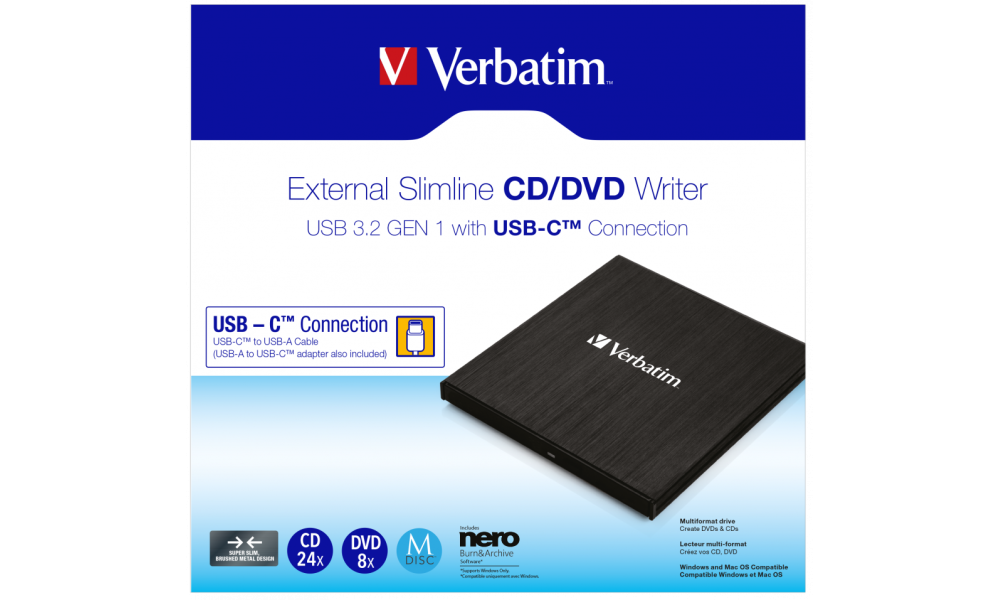 DVD-RW extern Verbatim Slimline USB3.2, USB-C, BK
